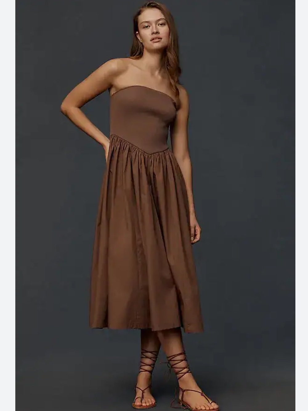 Anthropologie Strapless Basque-Waist A-Line Midi Dress in Chocolate Brown Size S